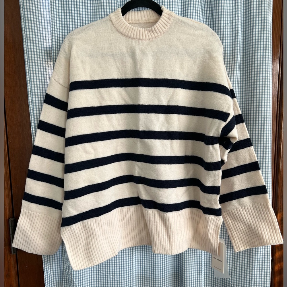 Commense Cream and Navy Blue Striped Oversized Sweater